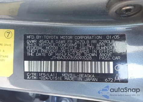 2005 Lexus Es 330 из США, поврежденный, VIN JTHBA30G355097028